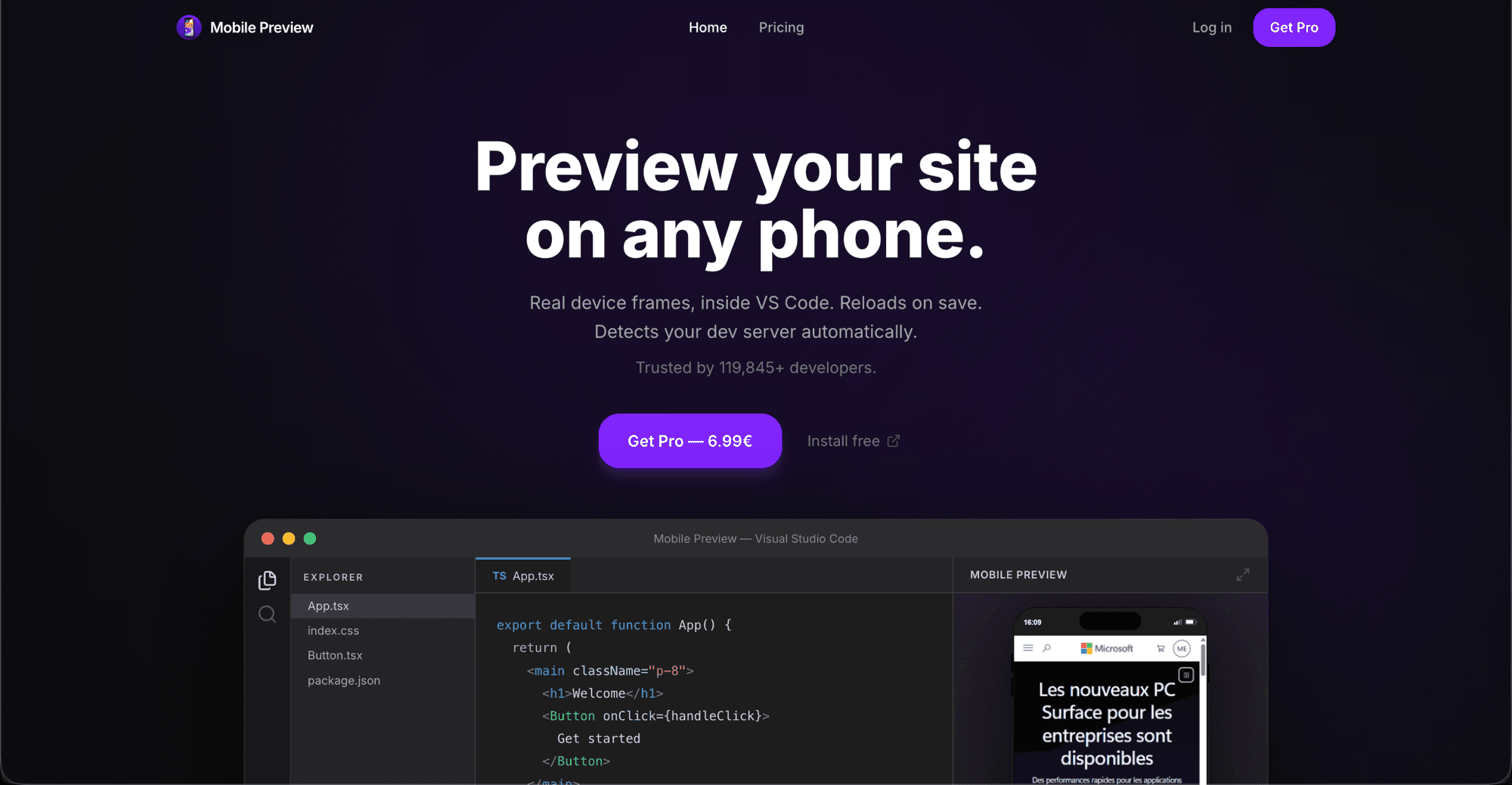 Mobile Preview — page d'accueil