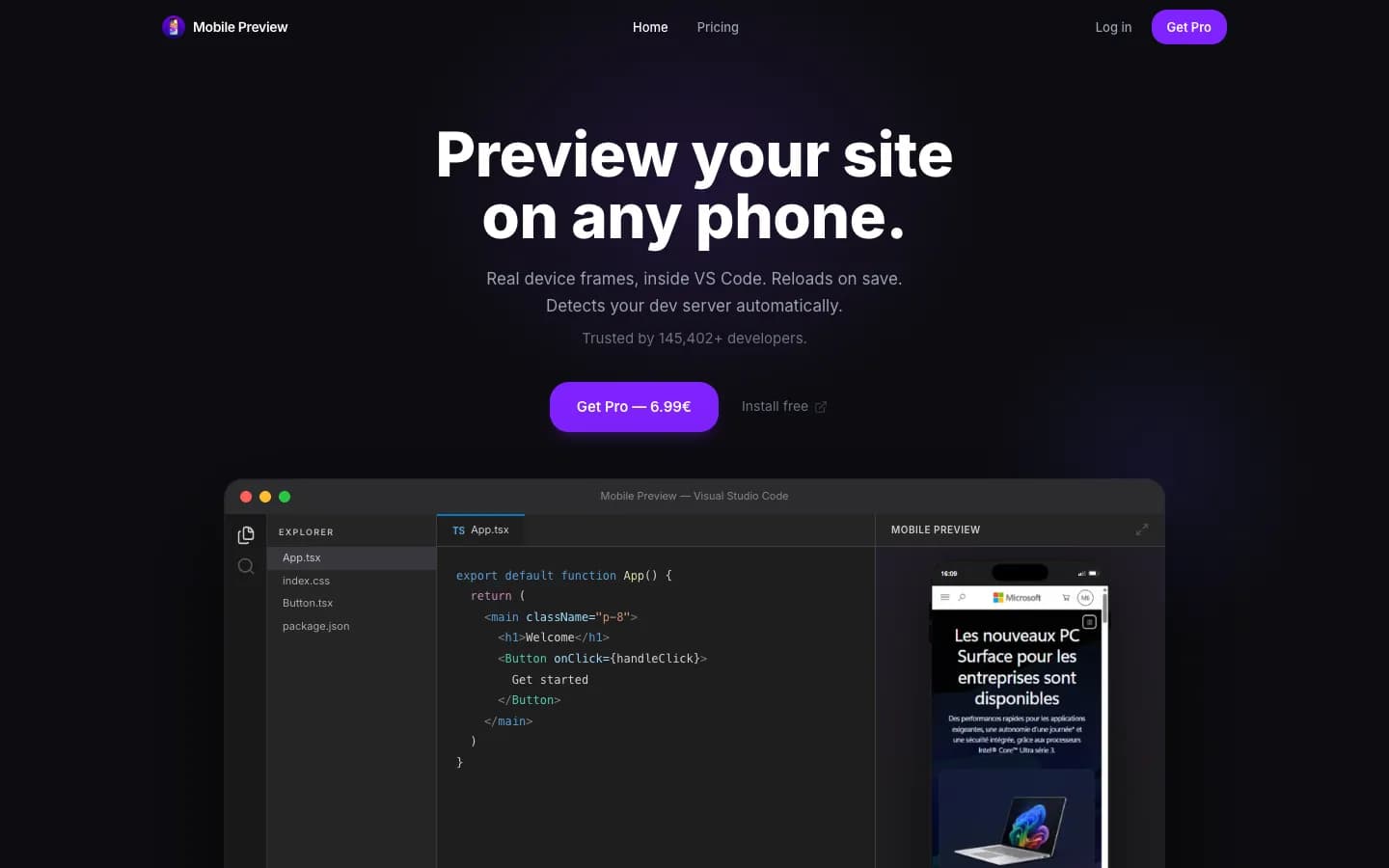 Site du produit Mobile Preview
